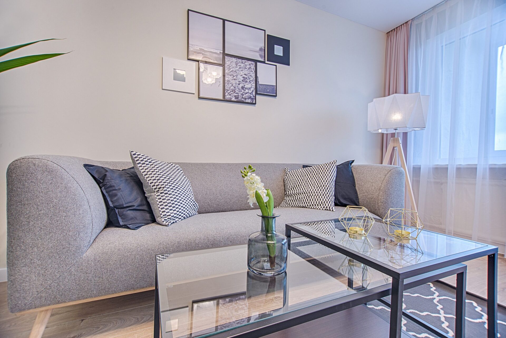 An image of a well furnished living room with grey sofa,glass table in front of it and white curtains